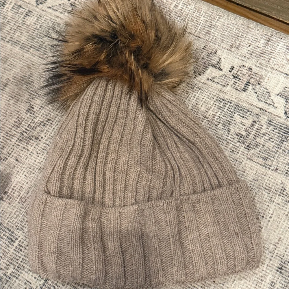Not branded Cozy Ribbed Knit Beanie with real Fur Pom Pom wool and acrylic